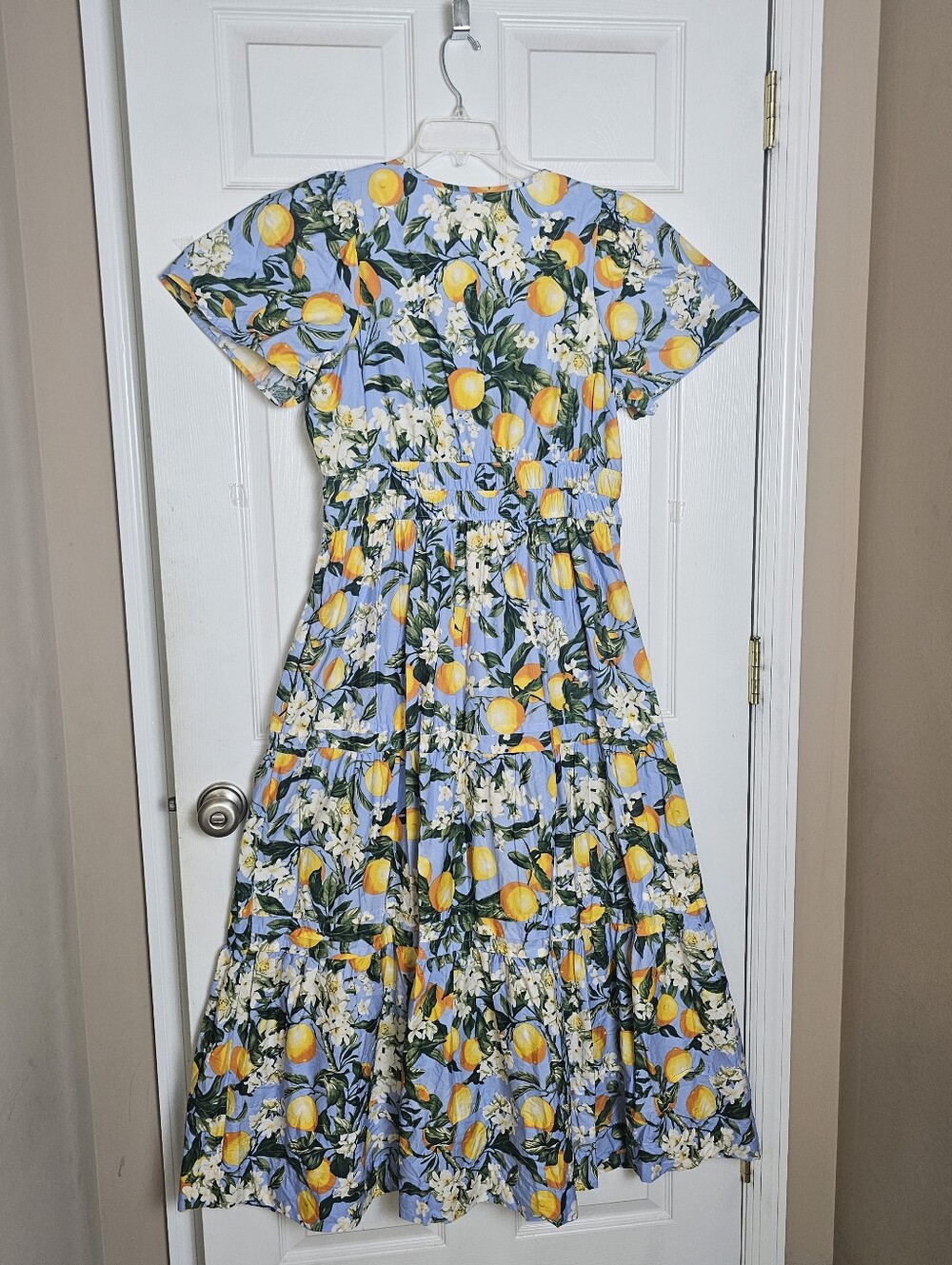 Anthropologie Somerset Blue Tiered Lemon Maxi Dress Size Large Pockets Smocked - Picture 8 of 11